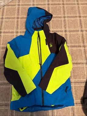 Spyder Neon Lime and Blue Colorblock Hooded Ski Jacket